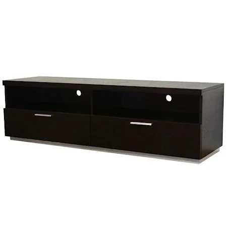 2 Drawer Long Hardwood Entertainment Center with Silver Metal Drawer Pulls